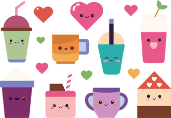 Cute kawaii romantic drinks and desserts vector icon set for valentine's day and love themes