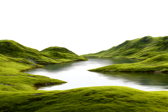 Green valley landscape with rolling grassy hills and calm river, isolated on transparent background