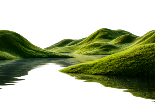 Green valley landscape with rolling grassy hills and calm river, isolated on transparent background