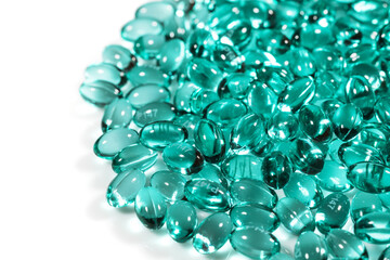 Blue green pill capsules isolated, analgesic pile, painkiller drugs, sedative pills