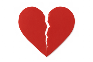 Broken red heart symbolizing heartbreak ending love, divorce, or relationship breakup with transparent background