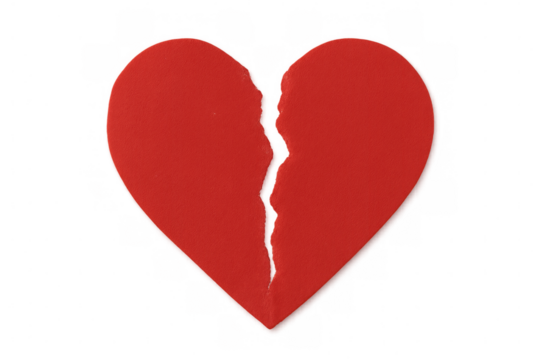Broken red heart symbolizing heartbreak ending love, divorce, or relationship breakup with transparent background