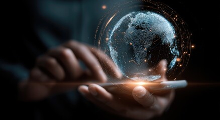 Hands holding a phone with a holographic Earth graphic