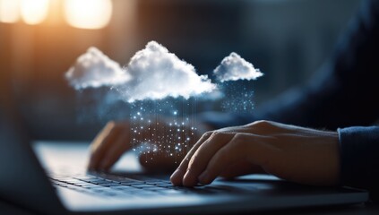 Hands typing on a laptop with a cloud and rain graphic overlay