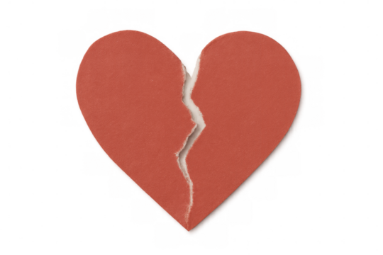Red paper heart torn in half showing heartbreak and breakup concept isolated on transparent background