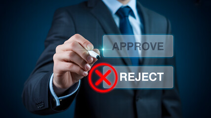 Businessman makes critical decision selecting approve or reject with digital interface, decisive action