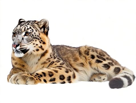 Snow leopard resting with white background.