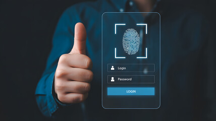 Secure digital identity verification with thumbprint scan and login interface, thumbs up approval