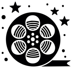 Graphic black and white film reel icon with stars and dots, a symbol of cinema, awards, and entertainment