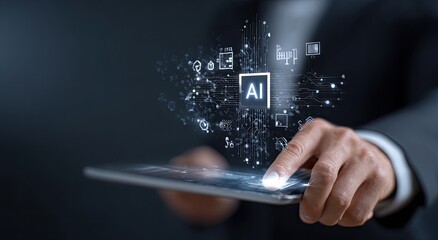 Businessman interacting with a tablet displaying an AI concept