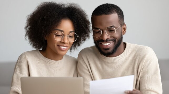 In a warm, inviting living room, a smiling couple sits together, sharing laughter and gazing at a laptop while discussing important papers. The atmosphere is filled with joy