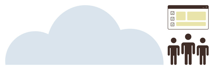 Cloud icon, three people, and a file management window represent teamwork, data sharing, and organization. Ideal for collaboration, productivity, cloud computing, digital storage workforce