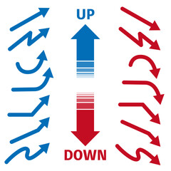 青い上向きの矢印と赤い下向きの矢印のイラスト素材セット。白背景にベクターイラスト。