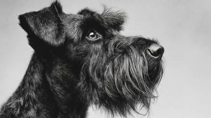 Schnauzer with distinctive beard and alert expression captured in black and white against a minimalist background