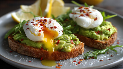 Avocado Toast with Poached Egg and Chili Flakes on Rustic Plate Fresh and Delicious Breakfast Inspiration