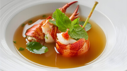 Elegant Spiced Lobster Consomm&eacute; with Fresh Herbs and Lemongrass Presentation