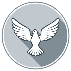 Obraz premium Symbolic flying dove icon with outstretched wings in circle design on gray backdrop