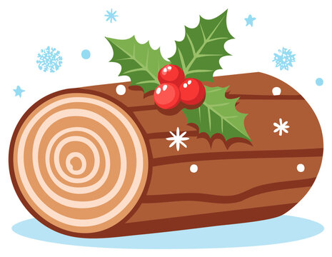 Festive Yule Log Cake with Holly Leaves and Red Berries Winter Holiday Celebration Illustration