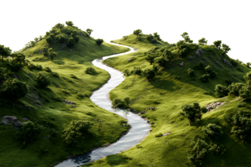 Lush green valley with winding river and scattered trees, isolated on transparent background