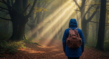 Traveler backpack adventure trail exploring forest path surrounded by morning mist
