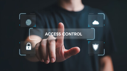 Businessman's finger interacts with digital access control interface featuring security icons