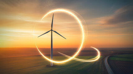Stunning wind turbine at sunset with glowing energy aura, symbolizing clean power and innovation