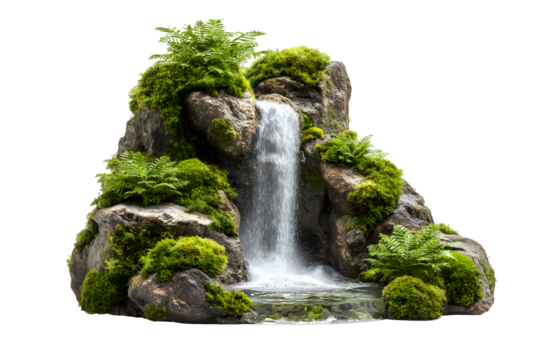 Miniature waterfall flowing over mossy rocks with lush green ferns, isolated on transparent background - Powered by Adobe