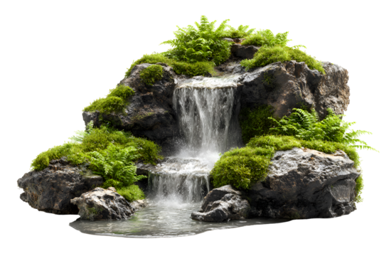 Miniature waterfall flowing over mossy rocks with lush green ferns, isolated on transparent background