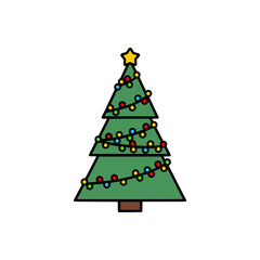 Simple Christmas tree illustration with colorful string lights and yellow star on top, festive holiday decoration on white background