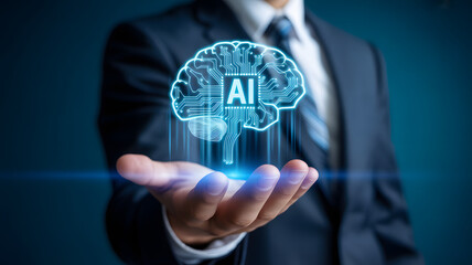 Businessman presents glowing AI brain concept, symbolizing innovation and future technology insights