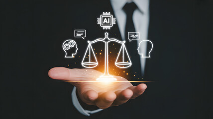 AI driven legal justice scales balancing technology and human intellect for fair judgment