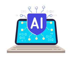 AI technology concept. Artificial intelligence assistant on laptop screen. CPU microchip. Vector illustration