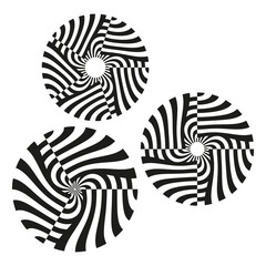 Spiral circle elements. Three round shapes. Black white opart design. Vector swirl collection.