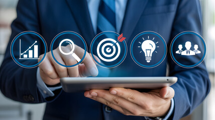 Professional man interacting with digital business strategy icons on tablet, driving success