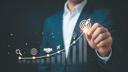 Confident professional charts upward growth, aiming for business success with innovative ideas and global reach.