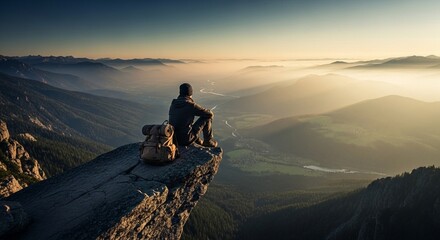 Fototapeta premium Traveler backpack adventure trail resting on rock overlooking valley landscape
