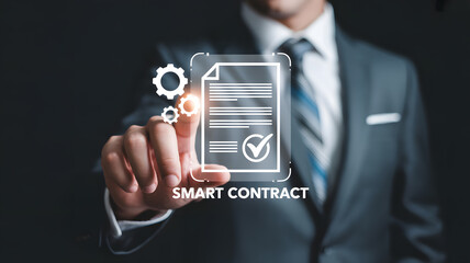 Professional businessman interacts with digital smart contract interface, highlighting automation and efficiency