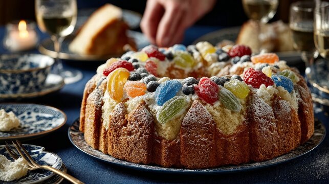 Close-up of traditional Roscon de Reyes cake with candied fruits and powdered sugar, festive Epiphany celebration concept