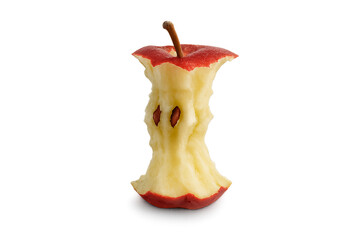 Apple core with seeds and bite marks, organic food waste, PNG transparent background