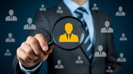 Professional businessman meticulously selects ideal candidate using magnifying glass on diverse team icons
