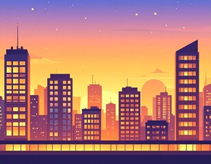 Naklejka premium Beautiful vector illustration of a modern city skyline at sunset, with skyscrapers silhouetted against a vivid gradient sky, capturing urban tranquility and architectural beauty