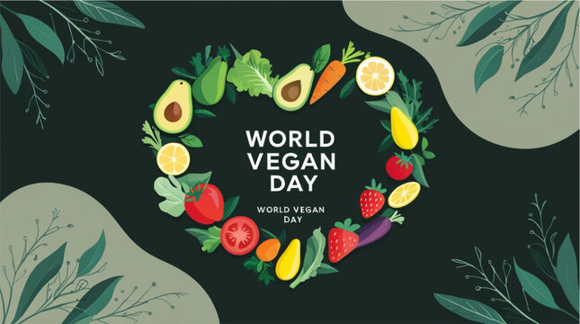 This image is a cheerful and vibrant flat lay celebrating World Vegan Day. It features a variety of fresh, colorful vegetables and fruits artfully arranged on a white background. Prominently displayed