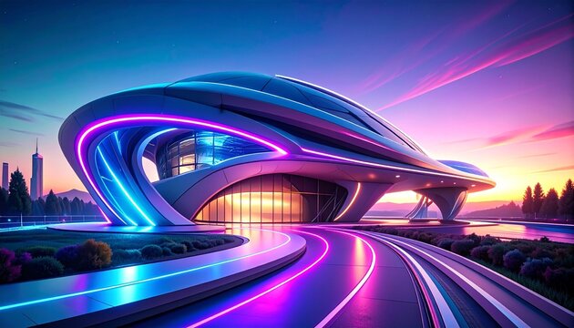 futuristic architectural marvel illuminated by vibrant neon lights at sunset, showcasing modern design and advanced technology
