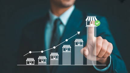 Business growth success visualized with expanding stores on upward trending graph