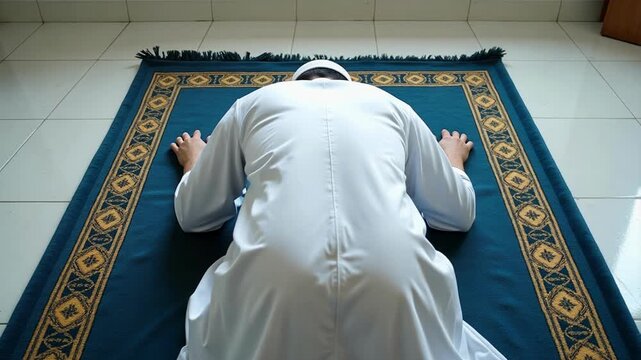Serene Muslim Worship: A back view of a person in prayer, finding peace and devotion on their mat in 4k video footage, inspiring faith and reflection