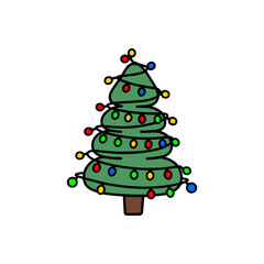 Cute Christmas tree illustration with round layers and colorful string lights, festive holiday decoration on clean white background