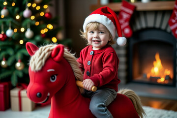 Happy blond kid girl wearing Santa hat sit on a red toy horse on the background of the New Year tree.