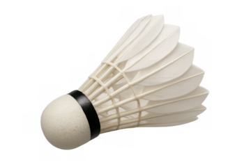 Badminton shuttlecock flying, white feathers and cork, sports equipment for playing racquet games, transparent background