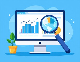 Fototapeta premium Flat vector illustration of a computer screen displaying an SEO analytics dashboard with graphs and charts for business market research and strategy