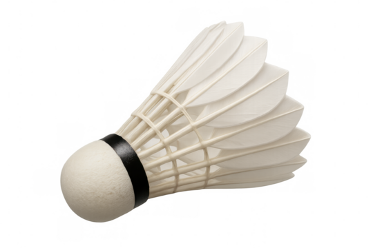 Badminton shuttlecock flying, white feathers and cork, sports equipment for playing racquet games, transparent background - Powered by Adobe